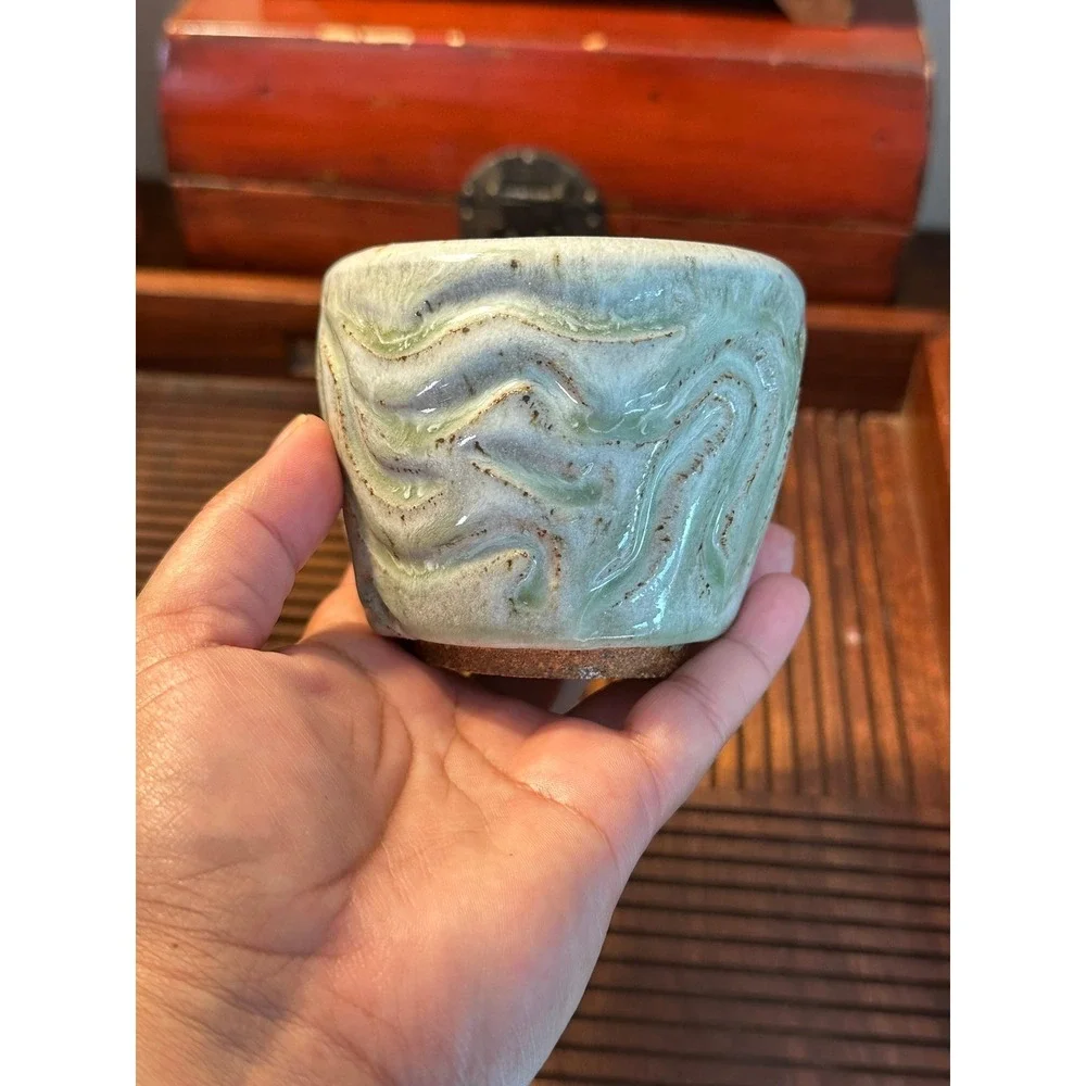 Olivia Coffee Studio Pottery Carved Celadon Green Wave Textured Cup Planter 3